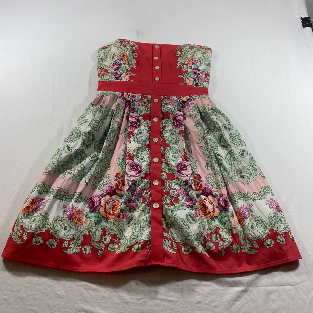 Teese Me Dress Sz 7 Strapless Floral back zipper mini dress button Down Spandex